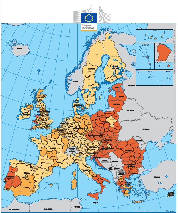 Regiony EU a jejich kategorizace v období 2014-2020. Zdroj: Evropská komise